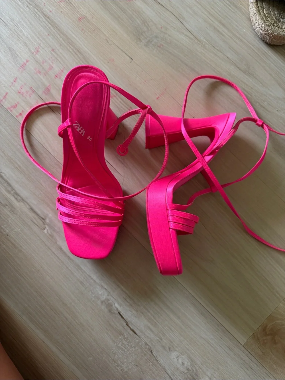 Zara Neon Pink Strappy Block Heel Sandals